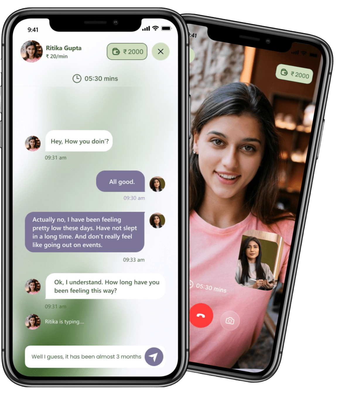 Mobile app interface showing chat and video call features